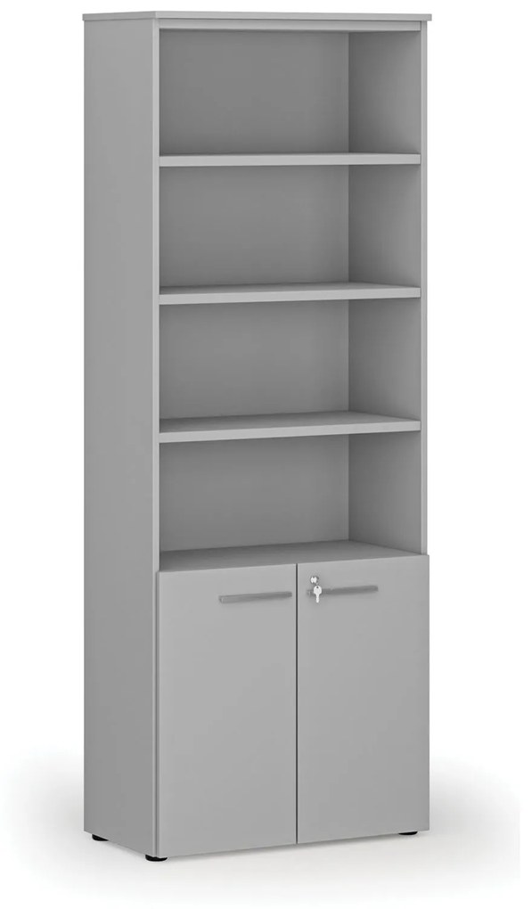 Kombinovaná kancelárska skriňa PRIMO GRAY, dvere na 2 poschodia, 2128 x 800 x 420 mm, sivá