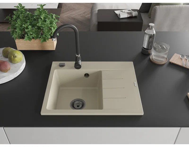 Mexen Ben, 1-komorový granitový drez 600x500x190 mm, ľavý + čierny sifón, béžová, 6522605000-69-B