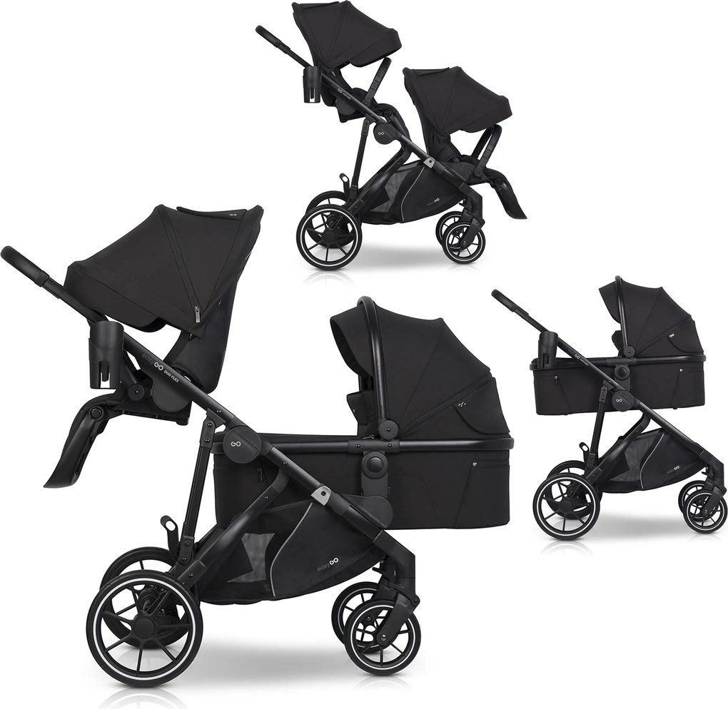 Súrodenecký kočík EasyGo Duoflex Ebony Black, 2 športové časti , 1 hlboká vanička
