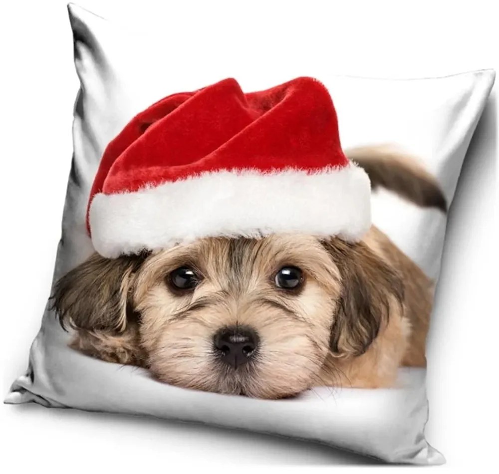 Vianočný vankúš - motív Šteňa s červenou čiapočkou - 40 x 40 cm