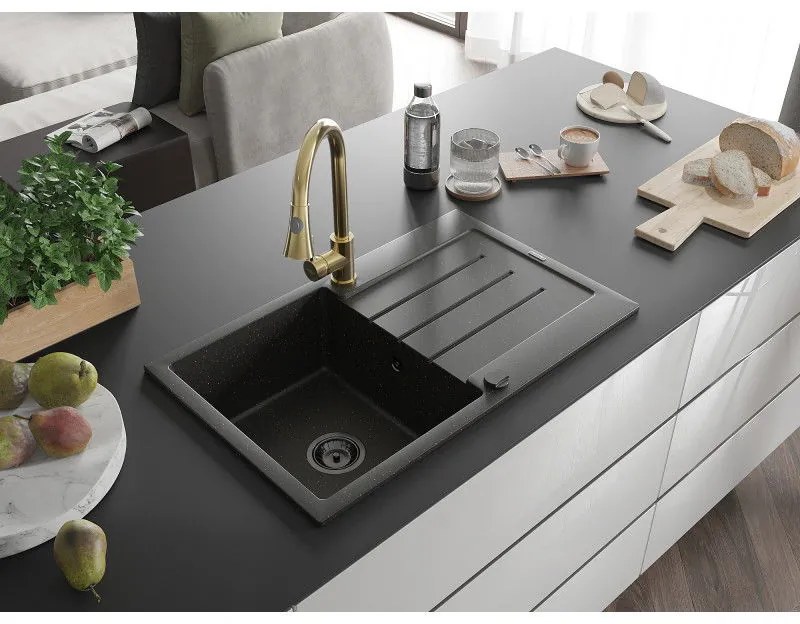 Mexen Bruno, 1-komorový granitový drez 795x495x200 mm a drezová batéria Elia, čierna-zlatá metalíza, 6513-75-670101-50-B