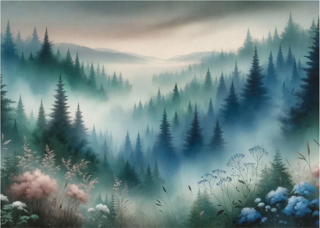 Sklenený obraz - Lesná krajina s hmlou (70x50 cm)
