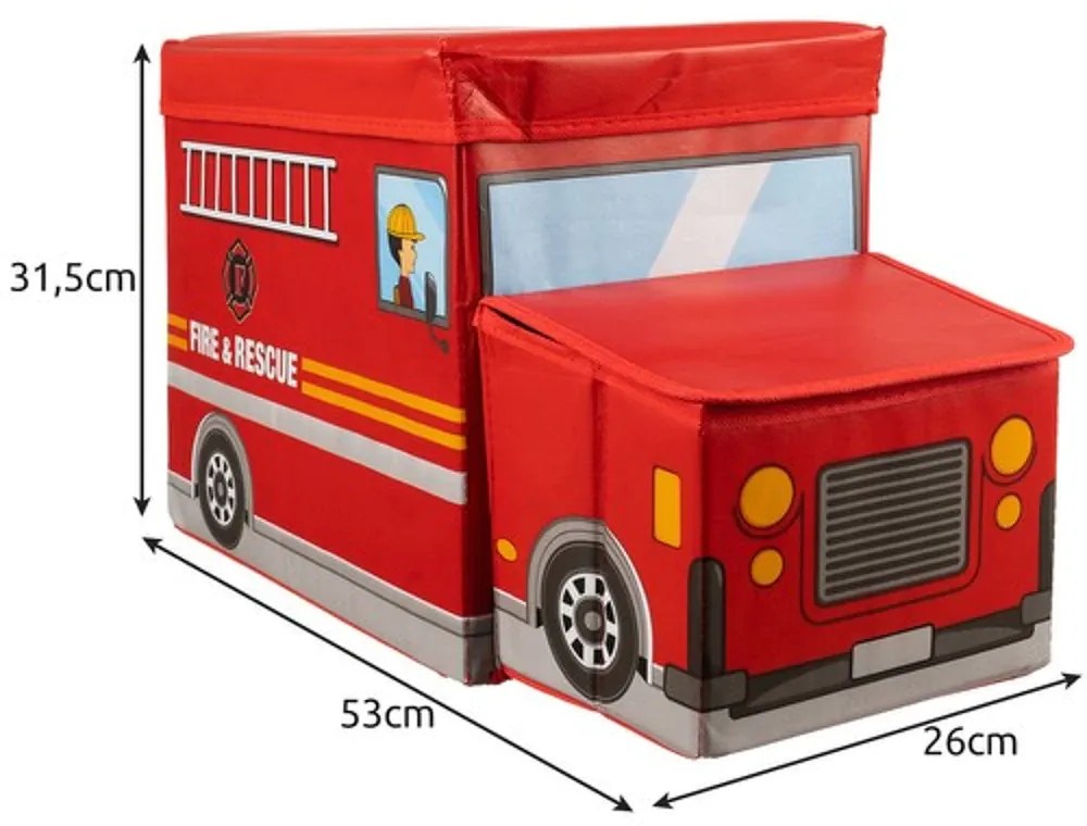 eCarla Úložný detský box a taburet pre deti, POŽIARNE VOZIDLO - hasiči, červený