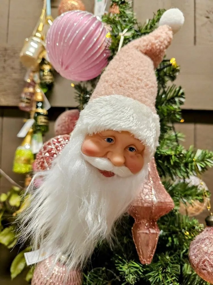 Závesná dekorácia hlava Santa s ružovou čiapkou - 10*9*28 cm