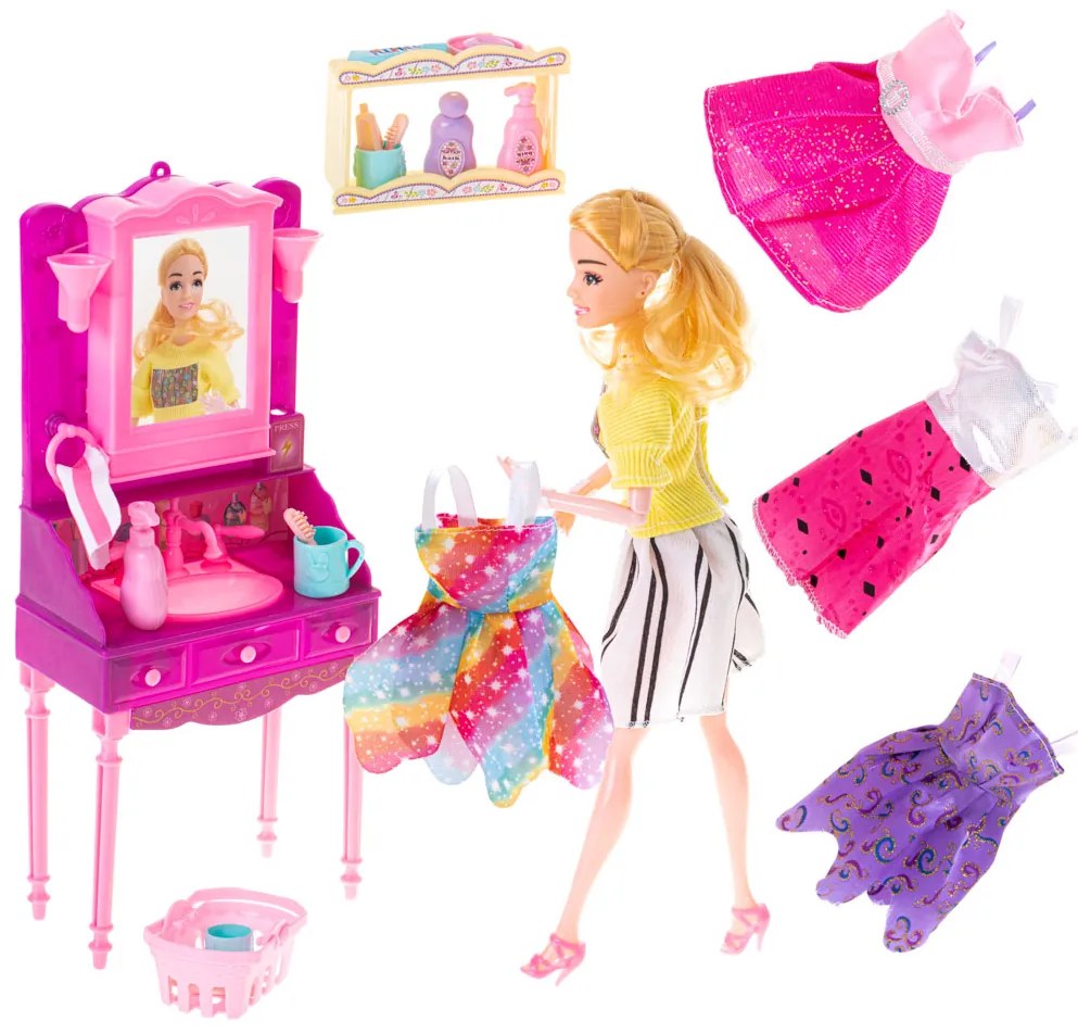KIK Bábika Fashionista s toaletným stolíkom a oblečením na prezliekanie