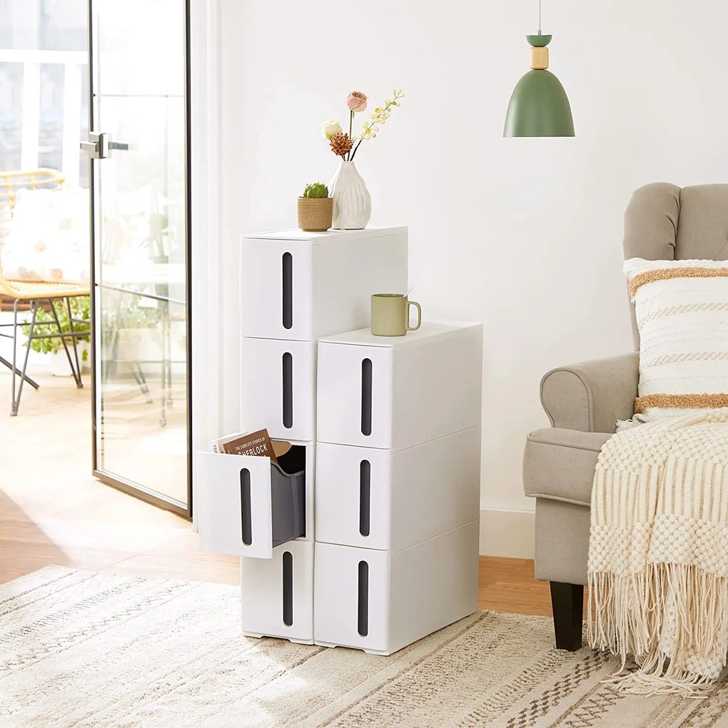 Úzky úložný vozík so 4 zásuvkami, 45 x 17 x 83 cm, biela a sivá farba