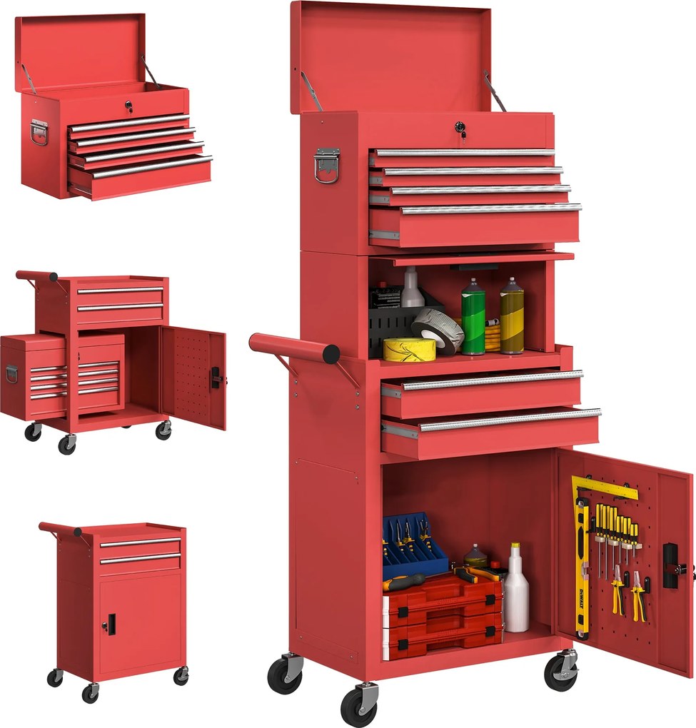 HOMCOM Workshop Trolley with Toolbox, 6 Drawers & Pegboard, Lockable, Empty Tool Cart with Handle, Steel Cabinet on Wheels, Red | Aosom