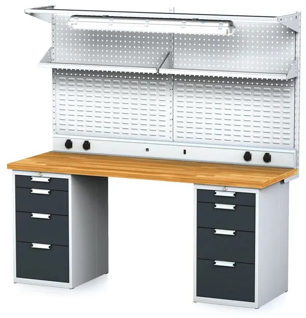 Alfa 3 Dielenský stôl MECHANIC I + 2x závesný box, nadstavba, polica, el. zásuvky a osvetlenie, 8 zásuviek, 2000x685x880 mm, antracitové dvere