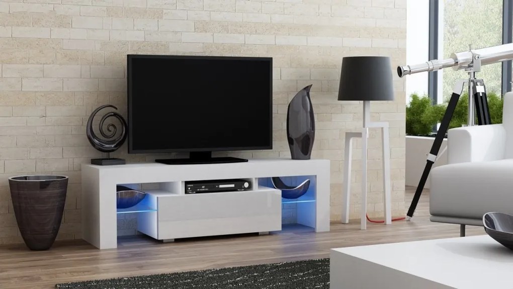 Mazzoni TV stolík MILANO lesklý 130 LED biely, biela zásuvka