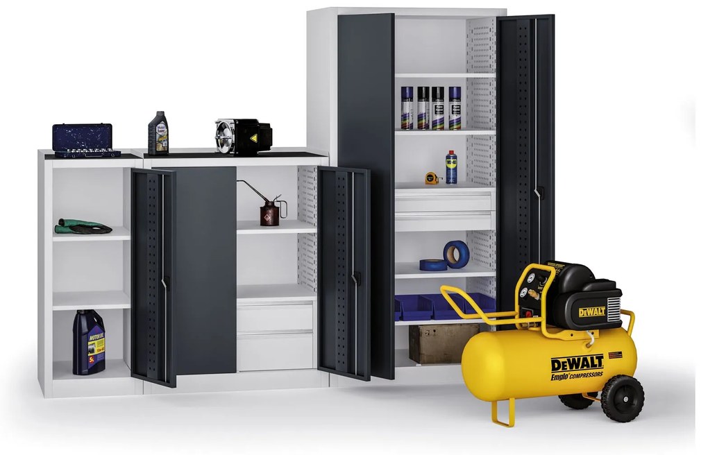 Dielenská skriňa nízka na náradie KOVOS, 2 police, 600 x 505 x 1180 mm, grafit