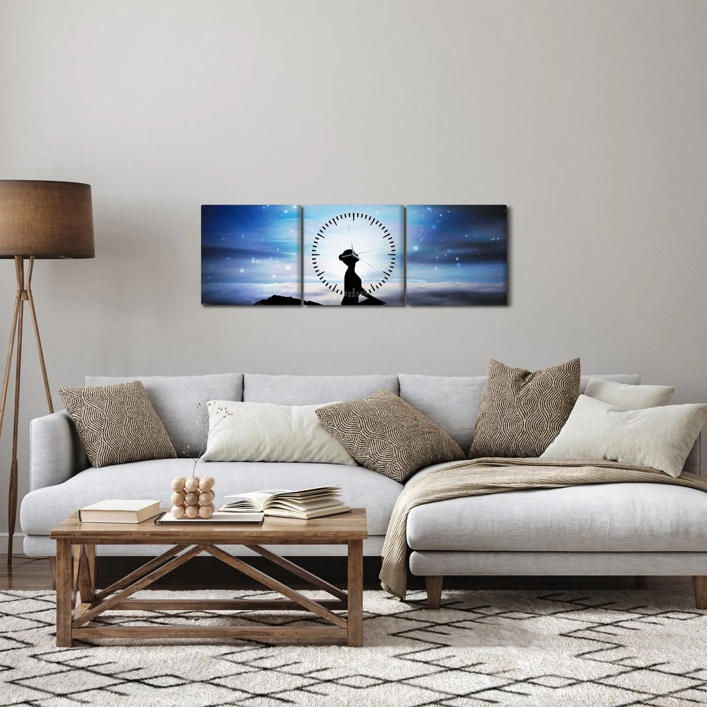 Obraz meditujúce ženy (s hodinami) (90x30 cm)
