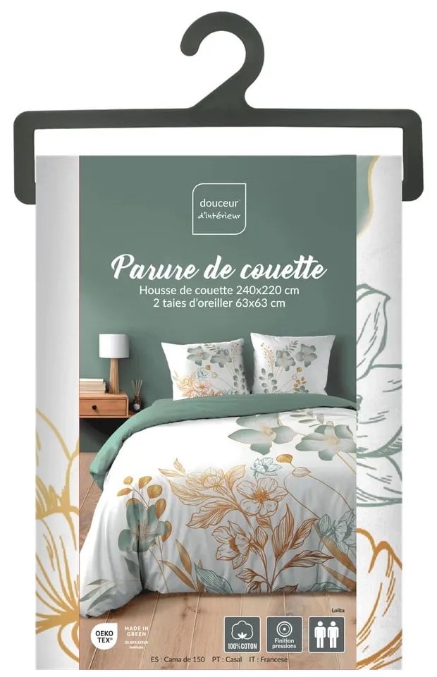 Biele/zelené bavlnené obliečky na dvojlôžko/predĺžené 240x220 cm Lolita – douceur d'intérieur