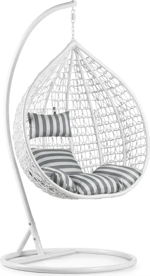 Biele závesné kreslo KOKON so stojanom, bielo-sivý vankúš