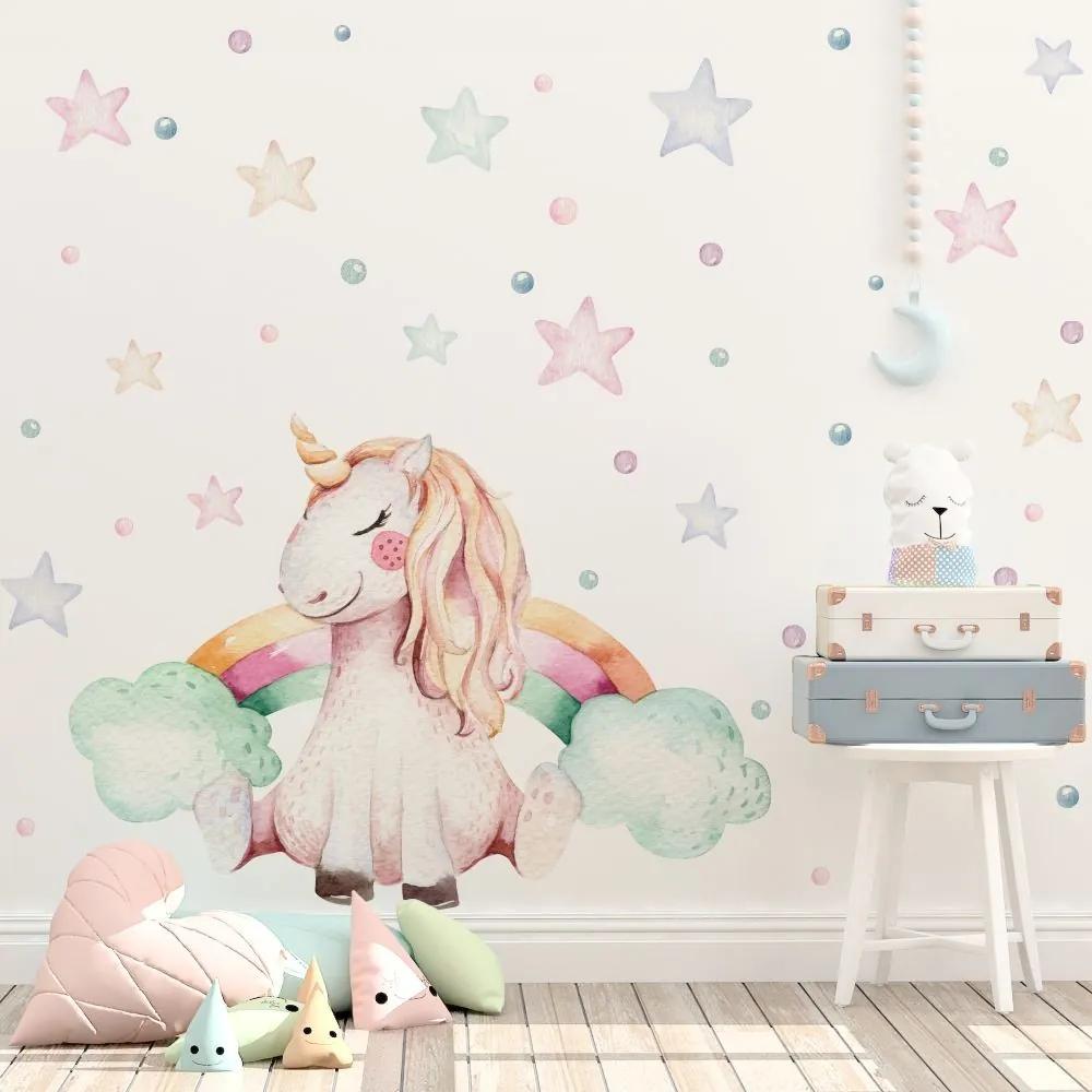 Gario Detská nálepka na stenu Jednorožec, dúha, hviezdy a srdiečka