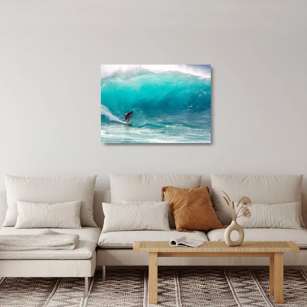 Sklenený obraz surferov vo vlnách (70x50 cm)