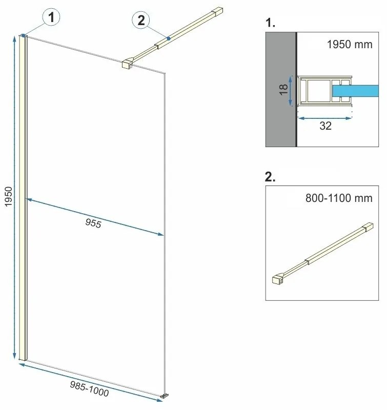 Rea Aero, sprchová zástena 100x195 cm, 8mm číre sklo, zlatý lesklý profil + polica a vešiak EVO, 42999