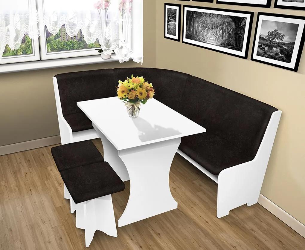 Nabytekmorava Jedálenská rohová lavica sa štokrlemi a stolom farba lamina: biela 113, čalúnenie vo farbe: Mega 017 hnedá