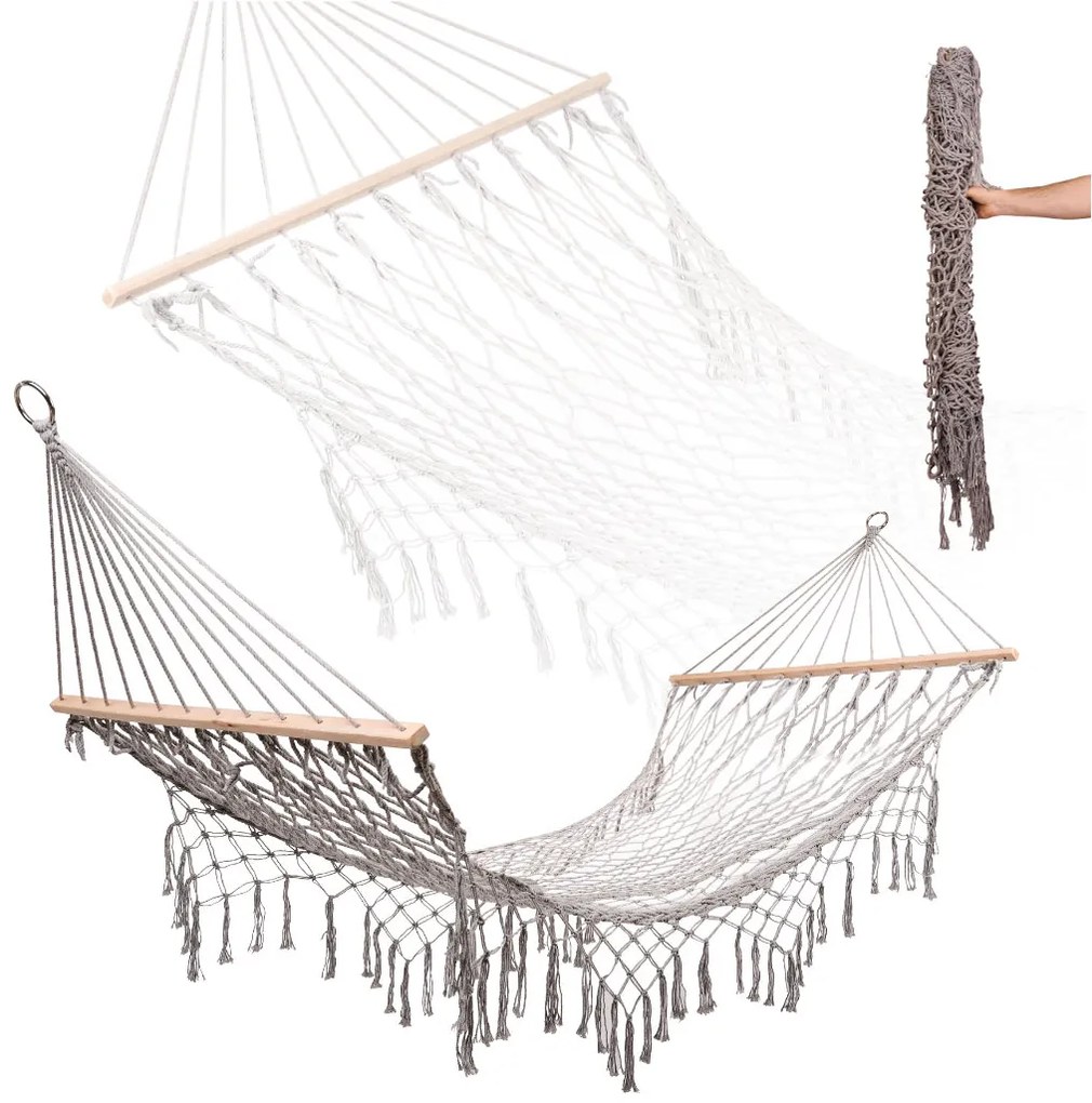 Záhradná hojdacia sieť KIK boho s dreveným rámom, 200 cm, sivá