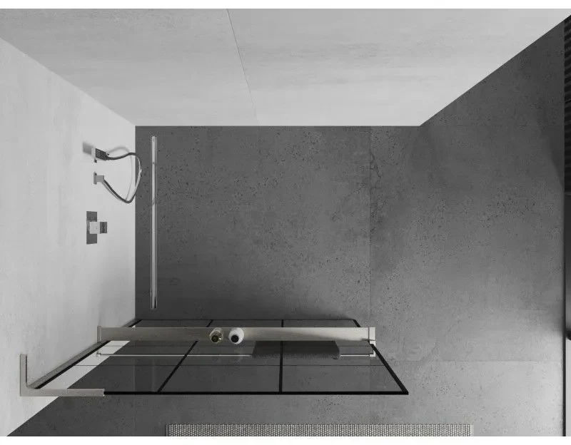 Mexen Kioto+ L, sprchová zástena Walk-In s poličkou a vešiakom 110 x 200 cm, 8mm číre sklo čierny vzor, brúsená oceľ profil, 800-110-123-97-77