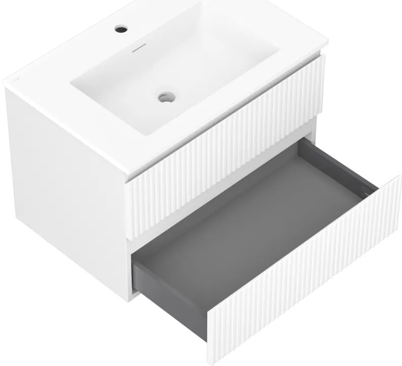 Mexen Rivel, kúpeľňová skrinka 70 cm s umývadlom Otis, 2 zásuvky, drážkovaná, biela matná, 91A20-07047-2-BFF01-W18M01