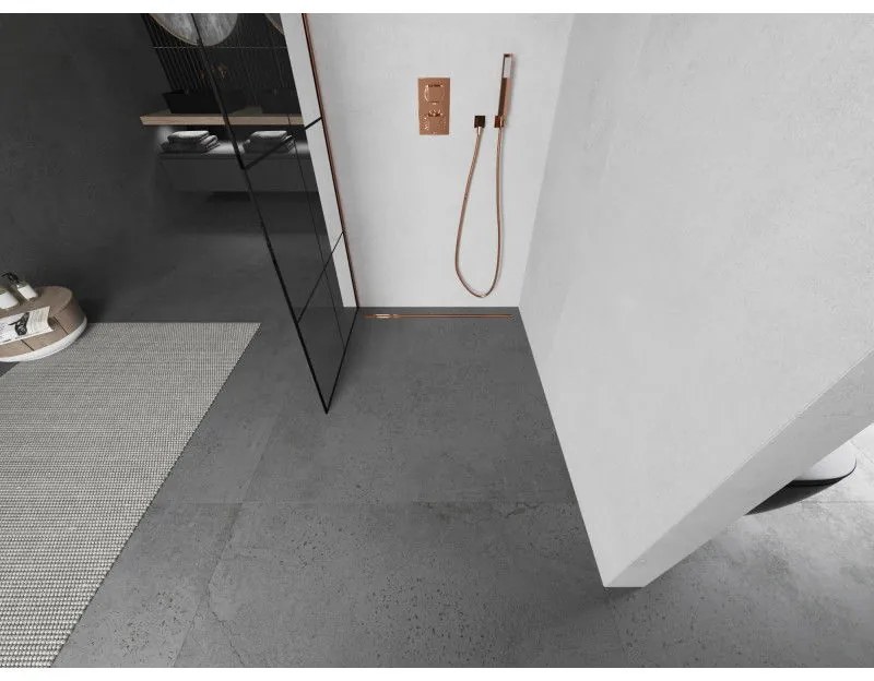 Mexen Kioto, sprchová zástena 90x200 cm, 8mm číre sklo s čiernym vzorom, profil ružové zlato, 800-090-101-60-77