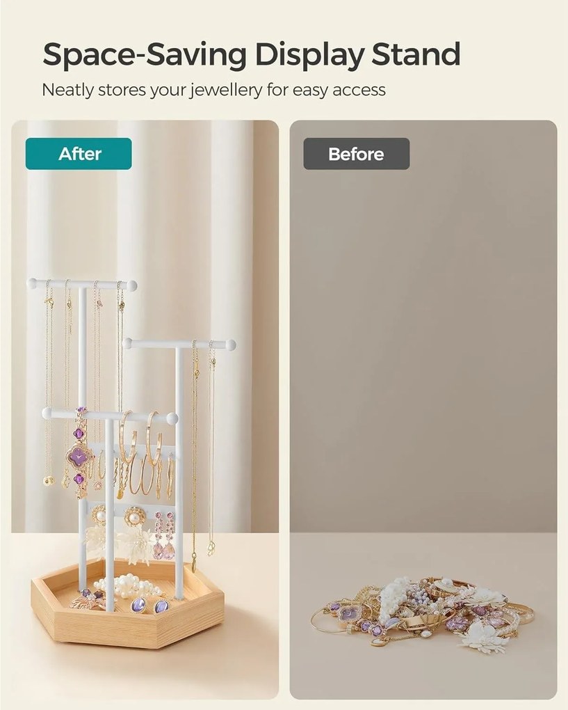 Stojan na šperky, kovový a drevený stromček na šperky