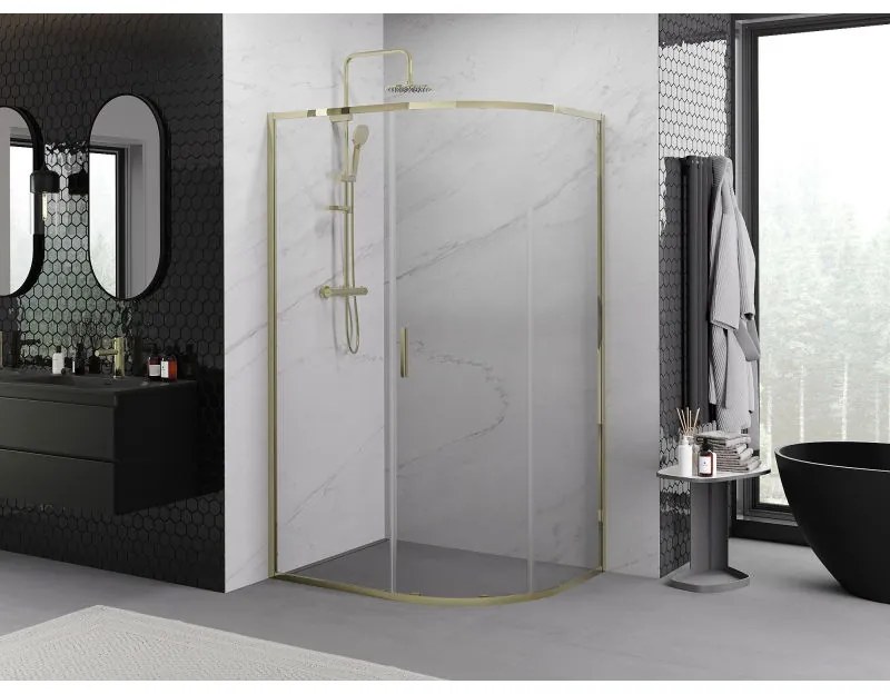 Mexen Exo, posuvný polkruhový sprchový kút 100 x 90 cm, číre sklo, zlatá, 8131-100-090-50-00