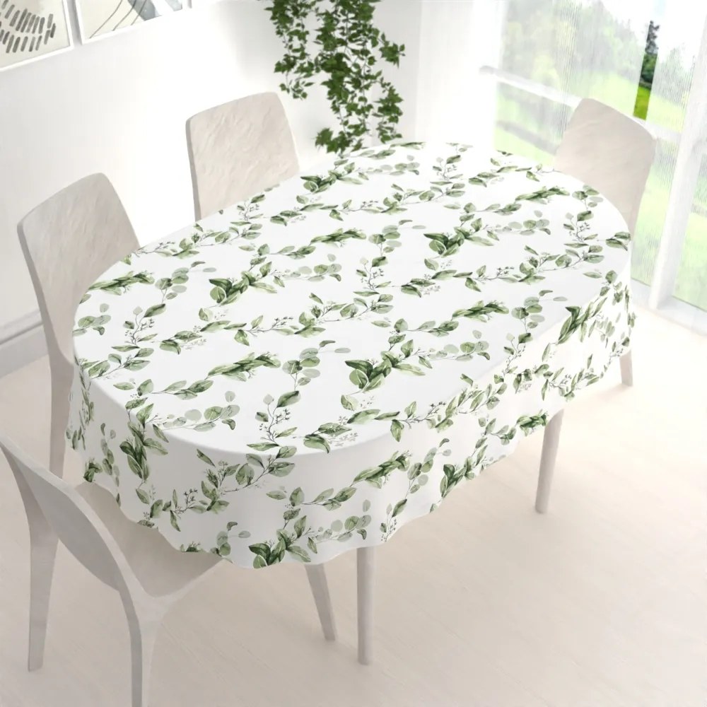 Biante Bavlnený oválny obrus Sandra SA-422 Zelené listy na bielom 60x100 cm