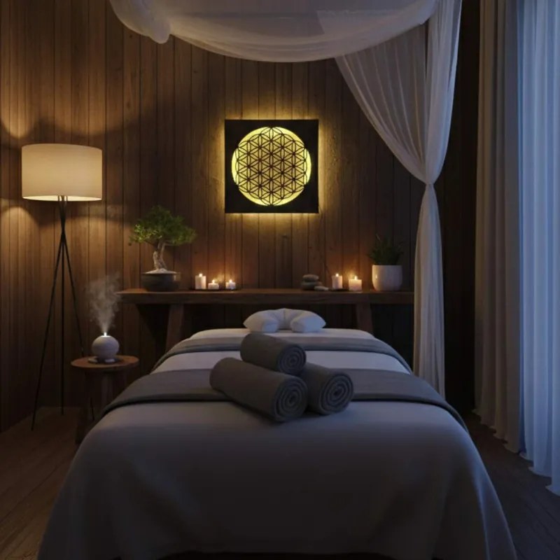 Drevená mandala Kvet života s LED podsvietením obraz na stenu  | SENTOP LED0198