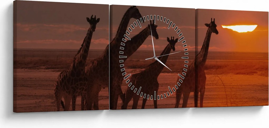 Obraz - Žirafy v africkej savane (s hodinami) (90x30 cm)