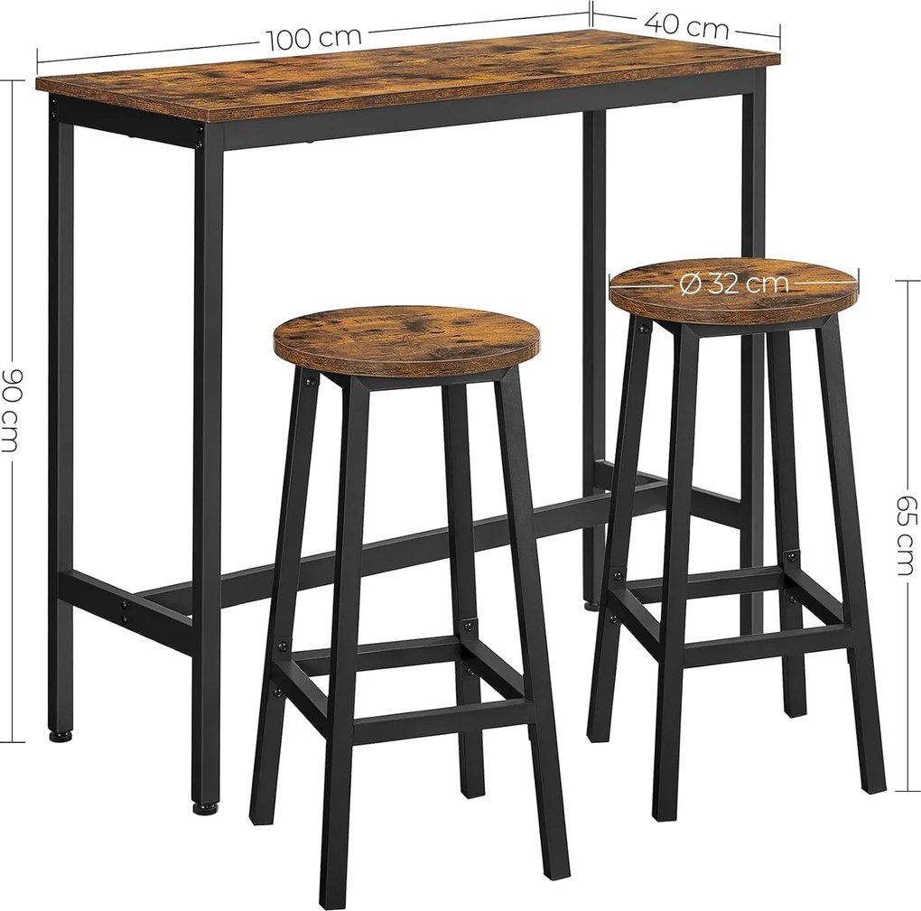 Jedálenský stôl set, barový stôl a barové stoličky, 100x40cm, rustikálna hnedá a čierna farba