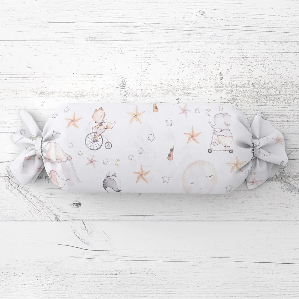 Biante Detský vankúš valec bonbon Sandra SA-371 Ružový cirkus so zvieratkami 15x40 cm