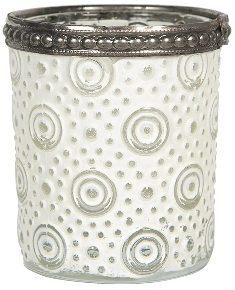 Biely sklenený svietnik s kolieskami, patinou a zdobeným hrdlom - Ø 5 * 6 cm