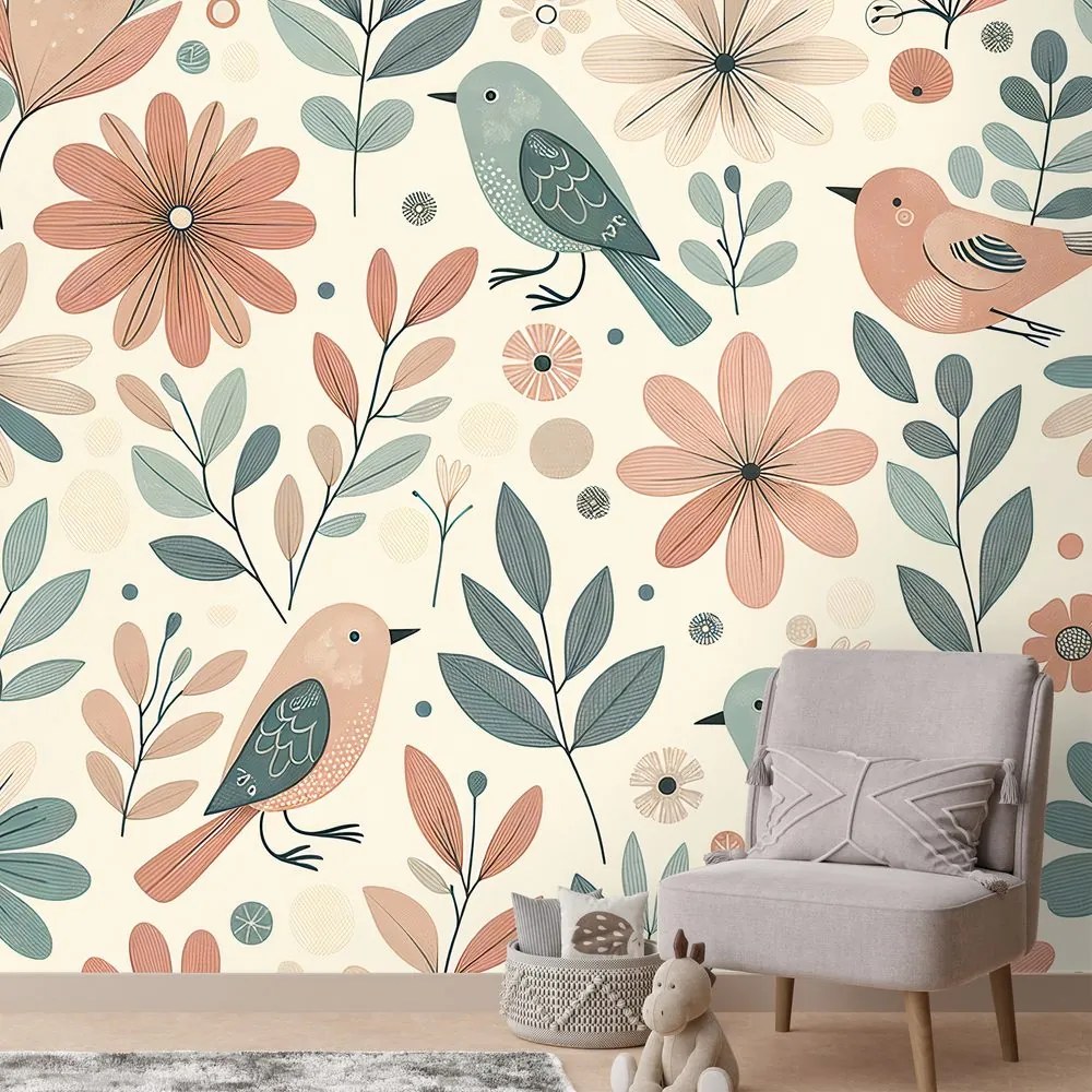 Fototapeta pastelové vtáčiky a kvety