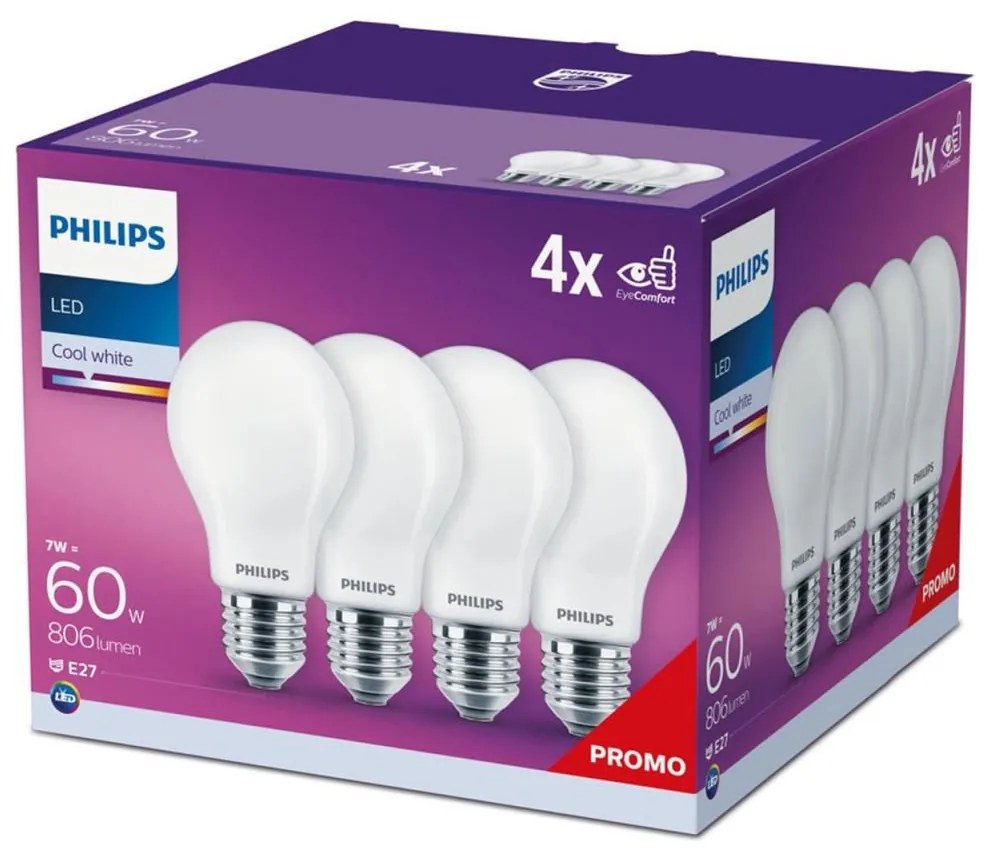 Philips SADA 4x LED Žiarovka Philips A60 E27/7W/230V 4000K P5228