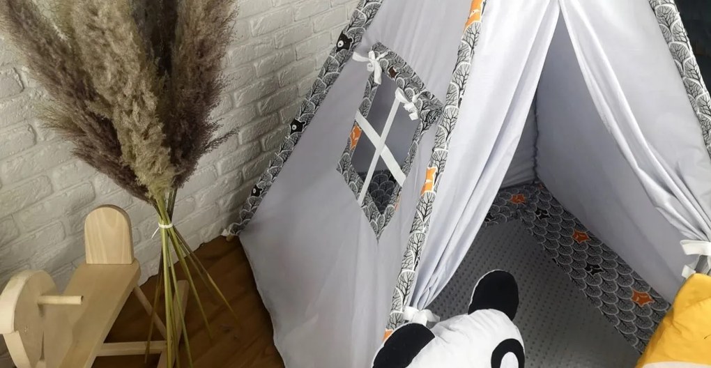 Detský stan TEEPEE (TÍPÍ) LUXURY s doplnkami - ZVIERACIA PARTIČKA - sivý