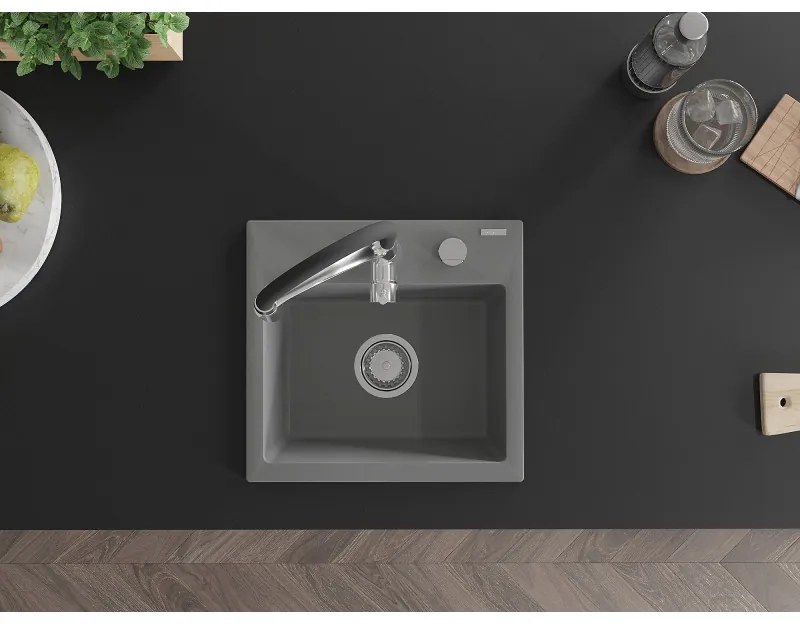 Mexen Milo, 1-komorový granitový drez 435x410x171 mm a drezová batéria Aster, šedá, 6505-71-73450-07