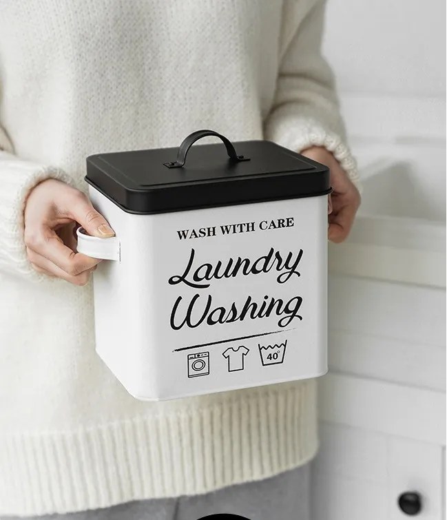 Kovový úložný box na prací prášok s dávkovačom LAUNDRY