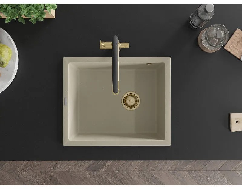 Mexen Pedro, granitový drez 560x460x200 mm, 1-komorový, béžová so zlatým sifónom, 6508561000-69-G