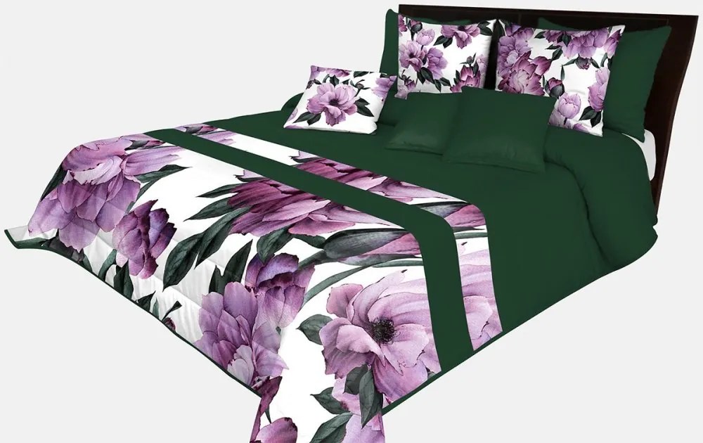 Prehoz na posteľ v krásnej zelenej farbe s potlačou dokonalých fialových kvetov Šírka: 220 cm | Dĺžka: 240 cm