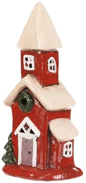 Vianočná dekorácia domček s vežičkou, LED, červená, keramika
