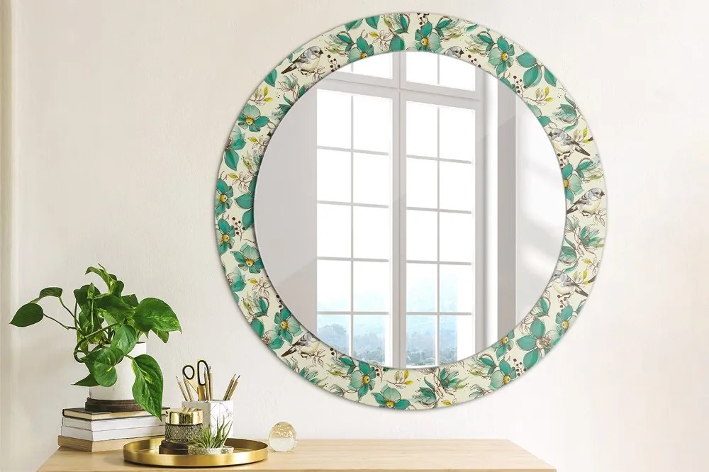 Okrúhle zrkadlo s potlačou Kvety a vtáky fi 70 cm