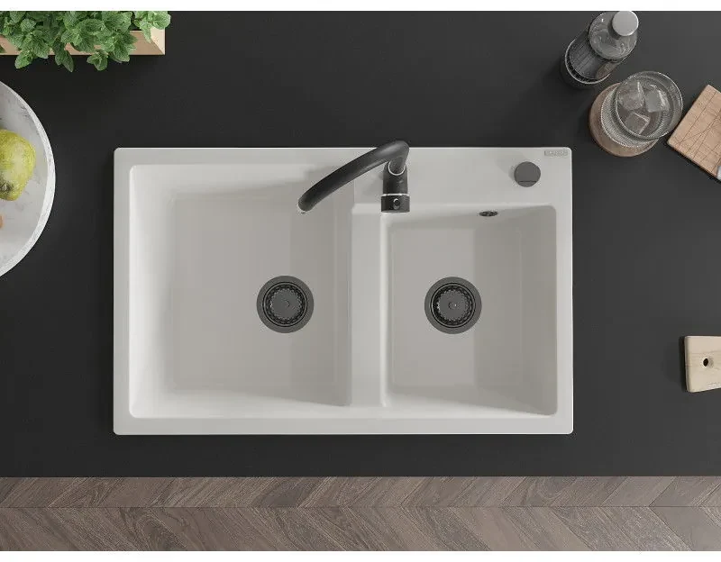 Mexen Tomas, granitový drez 800x500x190 mm, 2-komorový a čierna batéria Telma, biela, 6516-20-670200-70