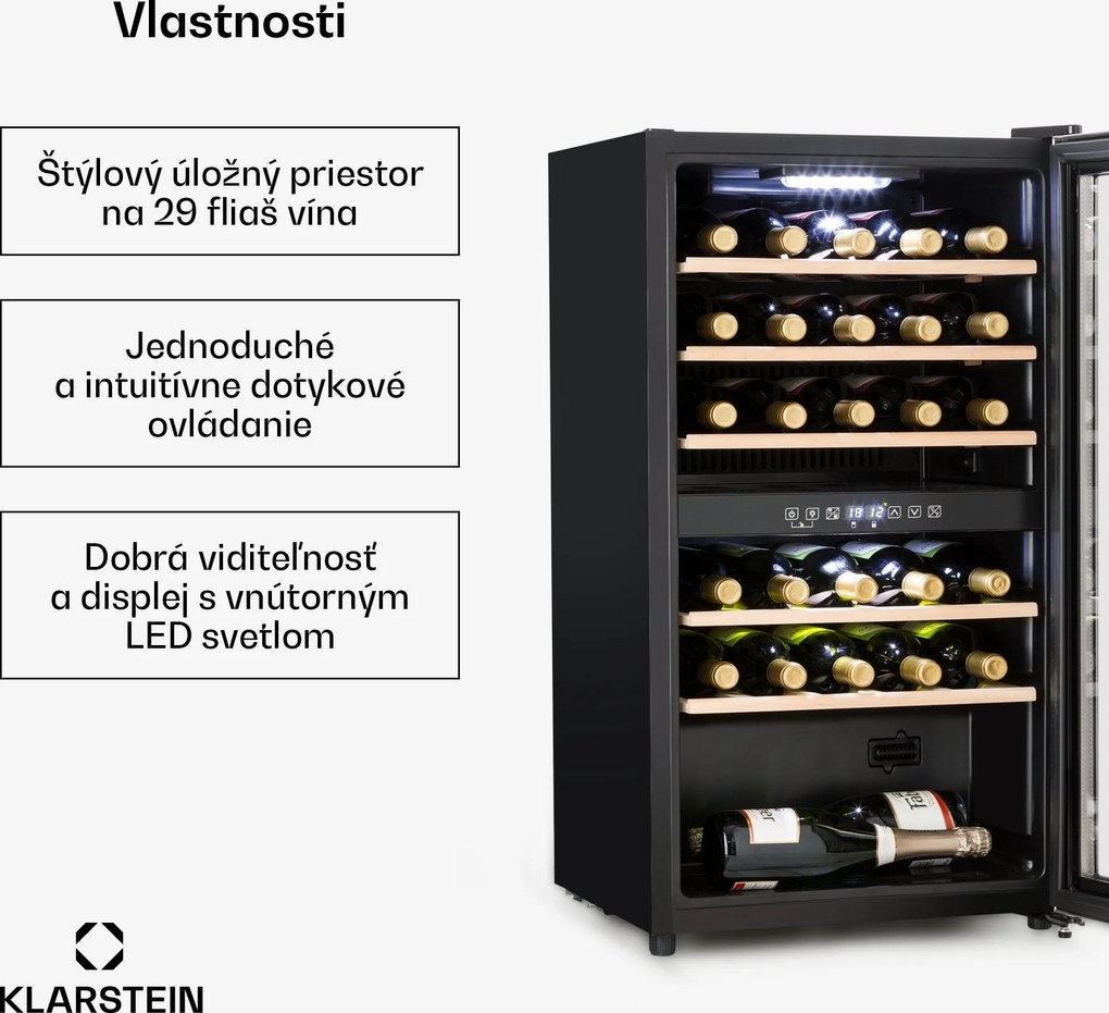 Klarstein Vinamour 29D, vinotéka, 2 zóny, 80 l, 29 fliaš, 5-22°C, dotykové ovládanie