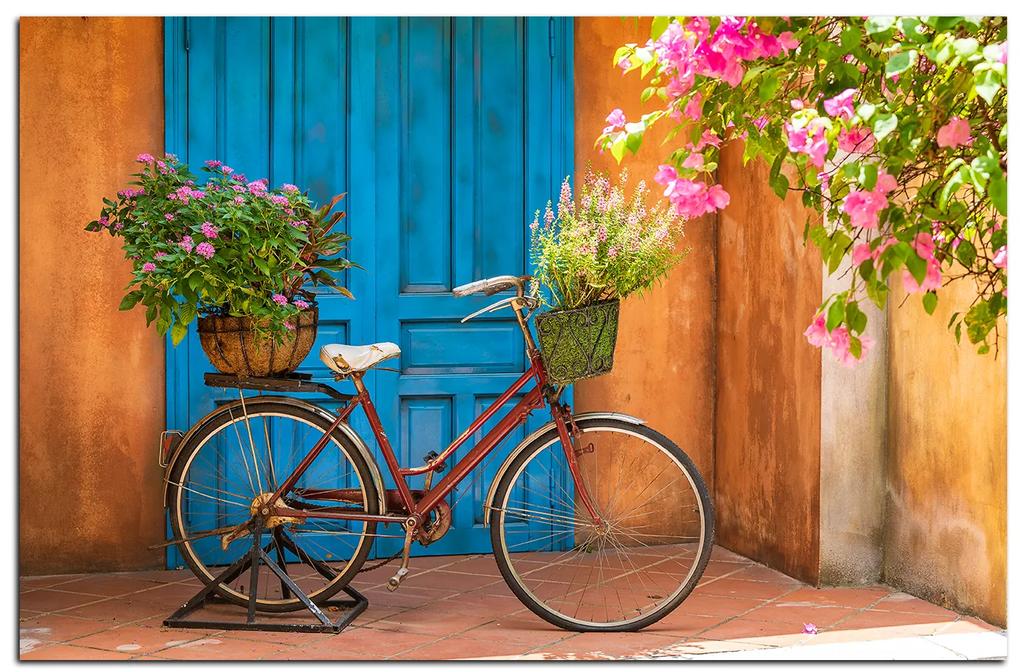 Obraz na plátne - Pristavený bicykel s kvetmi 174A (100x70 cm)