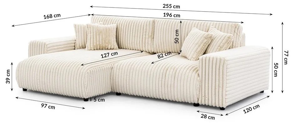 Krémová menčestrová rozkladacia/s úložným priestorom rohová pohovka (ľavý roh) Sarina – Ropez