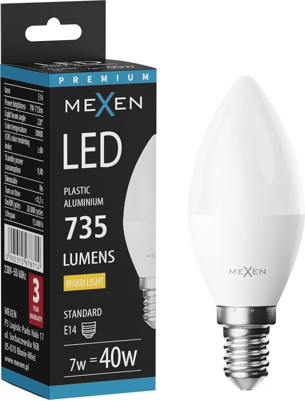 Mexen Nova, LED žiarovka E14, C37, 6W, teplá - 3000K, 630 lm - L102-E14-0630-01