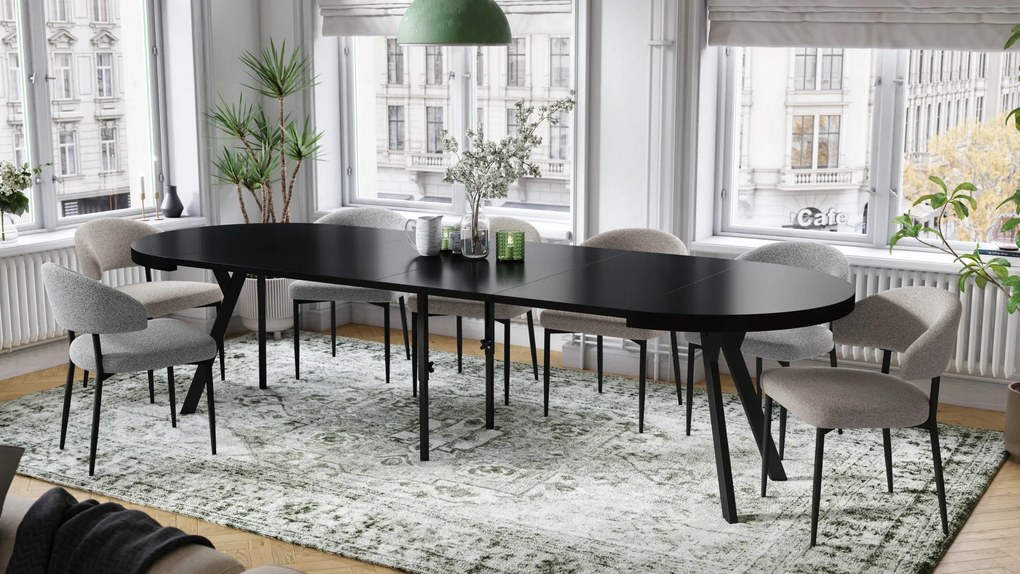 EXPANSO Čierny mat / čierne nohy - VEĽKÝ OKRÚHLY STÔL Ø110 ROZKLADACÍ AŽ DO 310 cm S NOHAMI Y LOFTOVÝ / INDUSTRIÁLNY