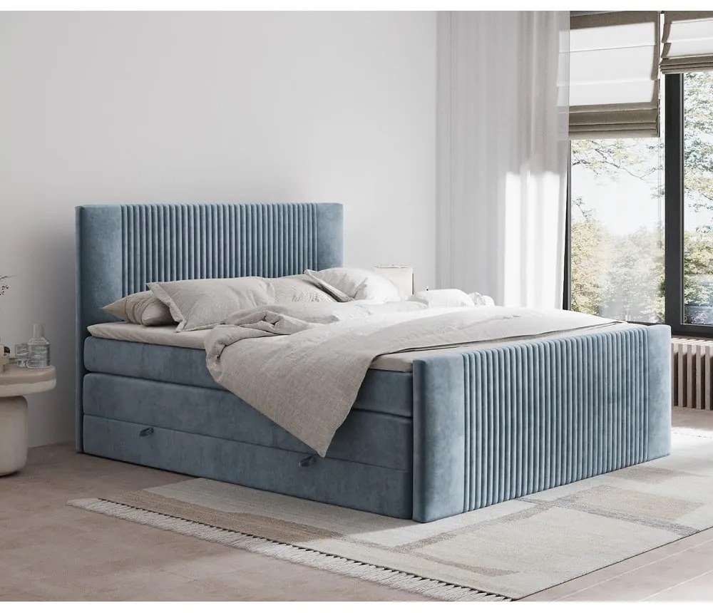 Modrá boxspring posteľ s úložným priestorom 160x200 cm Bergamo – Maison de Rêve