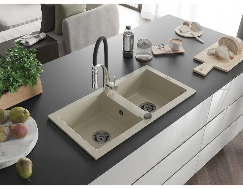 Mexen Mario, granitový drez 820x436x161 mm, 2-komorový a drezová batéria Aster, béžová, 6504-69-73450-07-B